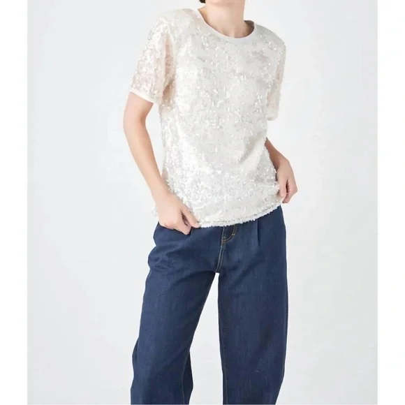 GREY LAB Sequin Short Sleeve Top‎ White Nude Pink NWT Size M - Picture 3 of 9